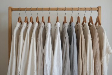 Wooden Clothes Rack with Linen Shirts. Slow Fashion and Sustainable Lifestyle Concept