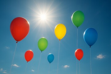 Vibrant balloons ascend into a bright, sunlit blue sky, symbolizing freedom, celebration, and boundless joy, perfect for festive occasions.