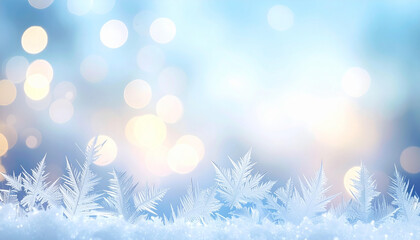 Abstract winter background featuring intricate ice frost crystals on a snowy landscape with magical blue and gold bokeh lights