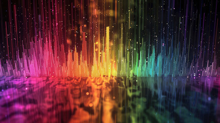 Colorful vertical light bars forming a digital sound spectrum on a dark background