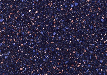 Abstract dark blue granite texture with shiny copper flecks creating a terrazzo seamless pattern