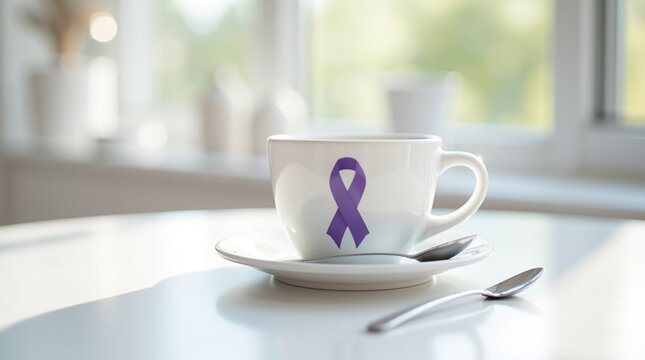 A cup of coffee with a purple ribbon on a white table, symbolizing awareness for various causes such as cancer, lupus, alzheimers, epilepsy, and domestic violence