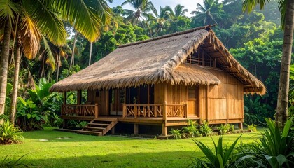 Tropical wooden bungalow with thatched roof.