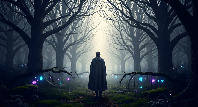 Mysterious figure in a dark, enchanted forest with glowing orbs and bare trees, evoking a sense of wonder and fantasy