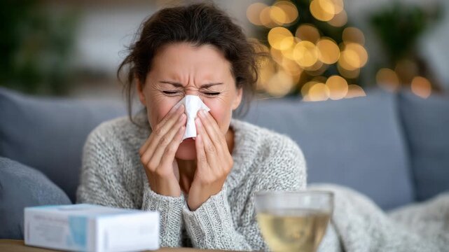 2Close-up of woman with tired expression, tissue to nose, lying on couch, medication box and cup of tea in foreground, cozy living room background suggesting recuperation