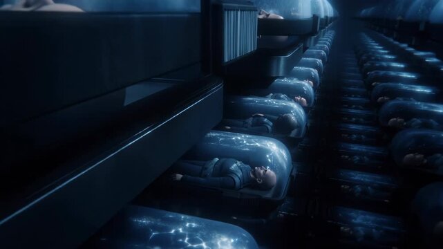 This visual presentation highlights the innovative use of cryo-sleep technology in human space travel
