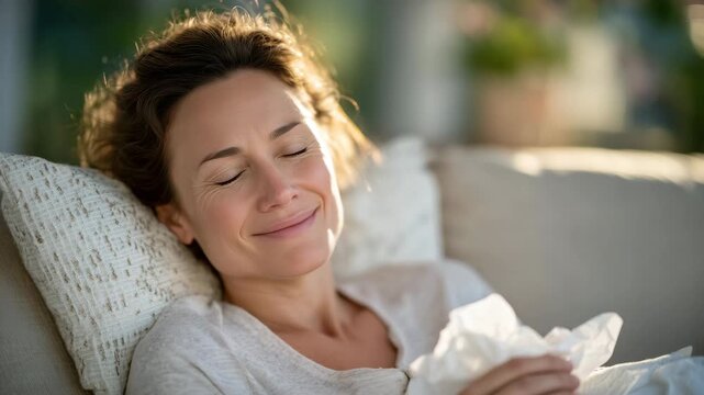 7Sick woman reclining on sofa, gently blowing nose, tissue box and assorted medications near her, sunlight filtering softly through curtains, warm and comforting tone