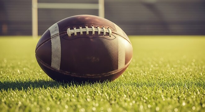 Close-up of American Football Ball Resting on Green Grass Field