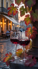 A vivid description of two wine glasses filled with deep red wine, arranged on grape leaves, set against a warm sunset over a cobblestone street, evokes romance. Additionally, a striking painting of w