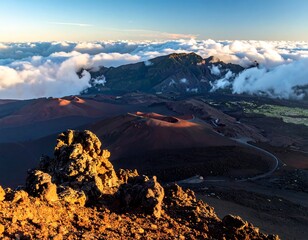 Panoramic vista of a mountainous landscape at sunset. Volcanic craters are lit by the warm light. Low lying clouds blanket the valley
