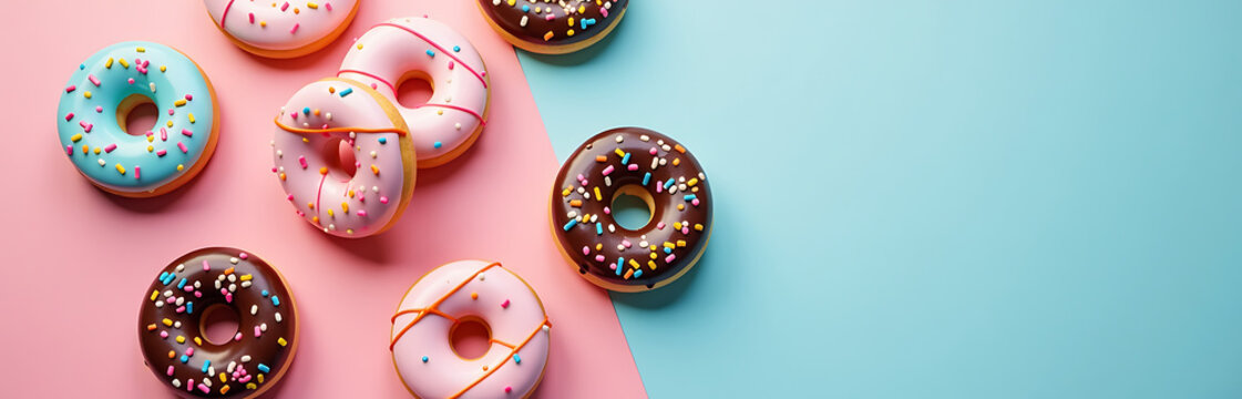 colorful selection intricately glazed donuts arranged haphazardly across soft serene pastel pink baby blue backdrop vibrant