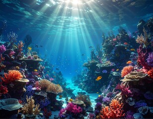 Underwater coral reef with sun rays.