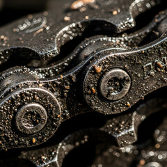 Macro shot of a dirty and gritty bike chain close up, revealing the wear and tear of cycling adventures, A deep dive into the texture and detail of a well used bicycle chain