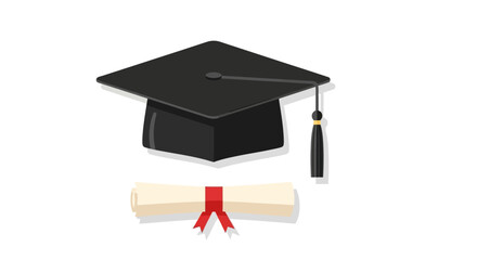 Graduation Cap and Diploma Vector Illustration, Education Achievement, White Background, Flat Design, Isolated, Academic Concept