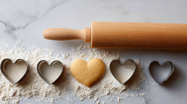 Heart-shaped cookie cutter with dough and rolling pin on floured marble surface for baking preparation