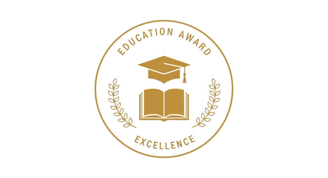 Golden emblem for an academic education award symbolizing excellence, featuring a graduation cap, an open book, and a laurel wreath