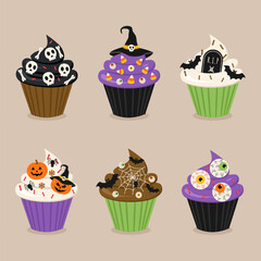 Big set of Halloween cupcakes. A spooky dessert featuring an eyeball, skull and crossbones, spiders and bats, pumpkins, and cobwebs. Hand drawn flat vector illustration.