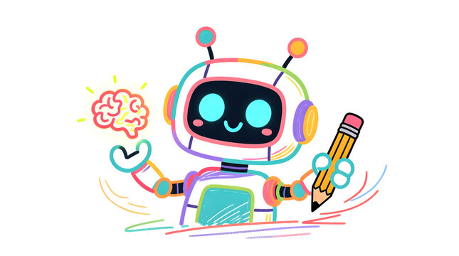 A cute robot holds a glowing brain and a pencil, symbolizing artificial intelligence driving creativity and design.