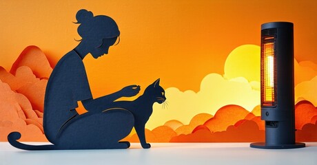 Silhouette depicts woman, cat near heater. Warm tones suggest cozy atmosphere, papercraft style background enhances visual appeal.
