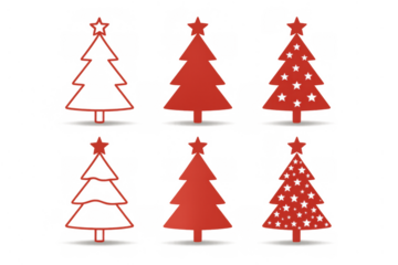Red christmas tree icons with star on top, offering outline, solid, and decorated variations on a transparent background