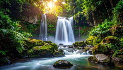 Waterfall in lush green rainforest.
