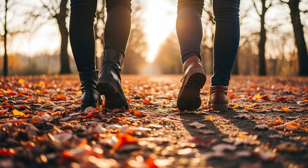 A couple walking in the park during autumn, with fallen leaves crunching under their feet, bathed in the warm glow of the setting sun, creating a peaceful and romantic atmosphere