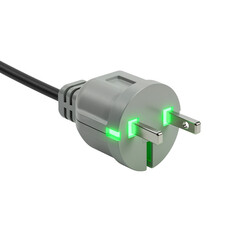 3D render of electric plug with glowing green light on white background showcasing modern technology, isolated on white, transparent background. Ecology infographic