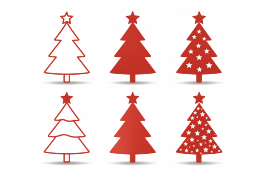 Red christmas tree icons with star on top, offering outline, solid, and decorated variations on a transparent background