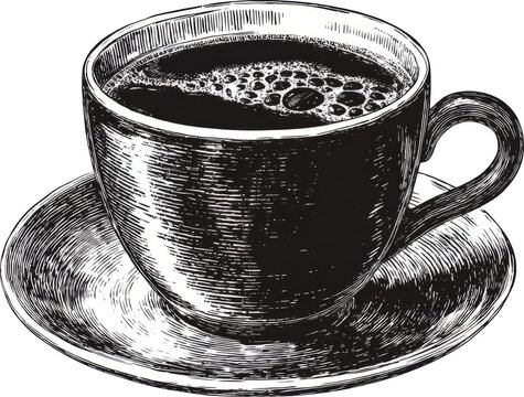 Coffee cup saucer black hot vintage engraving sketch caffeine warms mood