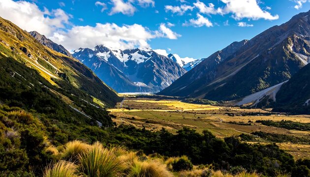 Panoramic vista of a valley nestled between majestic, snow-capped mountains under a dramatic, cloudy sky. Sunlight illuminates the grassy plain