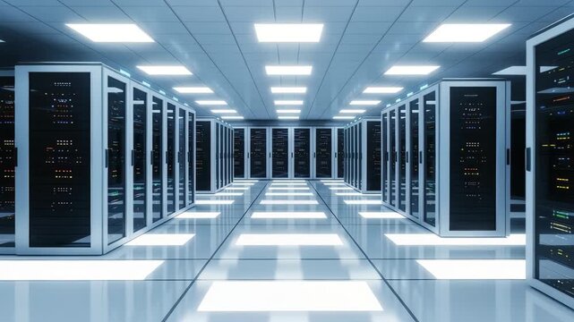 Modern server room with rows of illuminated racks, advanced technology infrastructure in operation, 4k high quality
