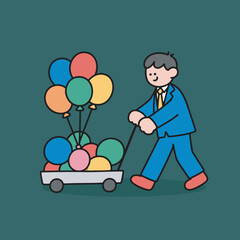 Cartoon Businessman Pulling Cart with Colorful Balloons Illustration