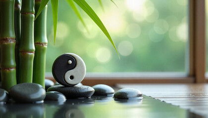  Yin yang stone with bamboo and pebbles in zen garden.