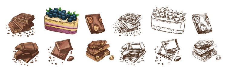 Hand drawn vintage sketch of chocolate bars and blueberry cheesecake in color and monochrome version, isolated vector illustration