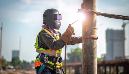 Welder working on construction site.