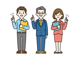 案内・紹介・提案する、様々な年代のビジネスパーソンの全身ベクターイラスト素材＿カラー