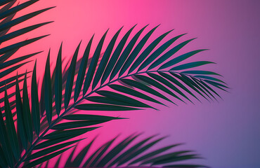 Obraz premium tropical palm fronds illuminated soft pink neon glow minimalist abstract surrealist backdrop subtle hints