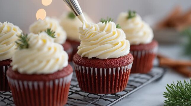 Baker skillfully pipes cream cheese frosting onto red velvet cupcakes, showcasing intricate rosettes, with a soft-focus background enhancing the festive atmosphere