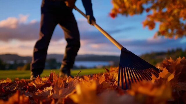 51Richly textured autumn leaves filling foreground, faint silhouette of person raking in glowing background, captured in warm golden fall afternoon light