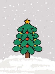 Obraz premium A charming cartoon illustration of a decorated green Christmas tree with a bright yellow star, set against a gentle winter snowfall