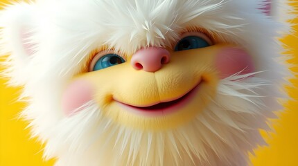 Cute Fluffy White Cartoon Creature with Bright Blue Eyes and Rosy Cheeks, Smiling Adorably Against Vibrant Yellow Background, Whimsical CGI Character with Playful and Joyful Expression.