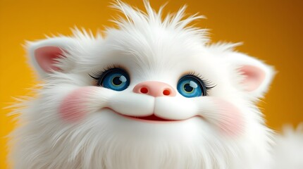 Cute Fluffy White Cartoon Creature with Bright Blue Eyes and Rosy Cheeks, Smiling Adorably Against Vibrant Yellow Background, Whimsical CGI Character with Playful and Joyful Expression.