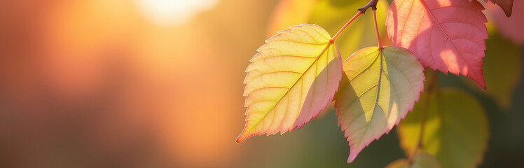 delicate transparent leaves soft pink lime green hues vibrant autumnal background warm sunlight casting