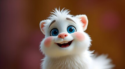 Cute Fluffy White Cartoon Creature with Bright Blue Eyes and Rosy Cheeks, Smiling Adorably Against Vibrant Yellow Background, Whimsical CGI Character with Playful and Joyful Expression.