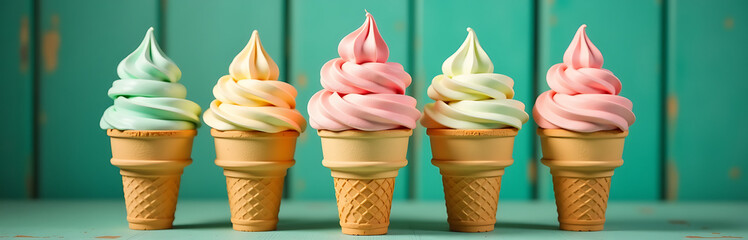 colorful ice cream cones arranged artfully distressed green curtain backdrop warm soft focus