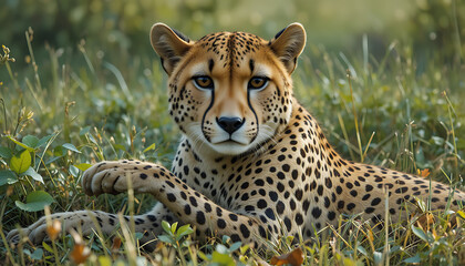 Cheetah resting in the grass with a focused gaze and outstretched front paw in nature 4k and hd image