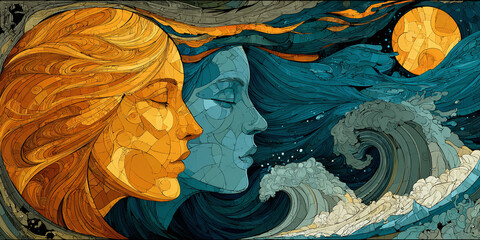 Sun and Sea Goddesses A Mosaic of Celestial Harmony in Golden and Turquoise Tones