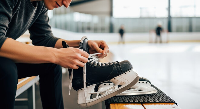 Ice hockey player lacing up skates, preparing for game on rink. Focused ice hockey player tying laces on his skates, concentrating on game ahead.