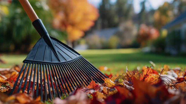 66Person raking in close-up, rake teeth shining against vivid autumn leaves, suburban yard in soft blur, sunny fall day atmosphere