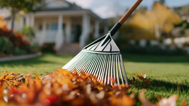 68Focus on rake head pushing copper and amber leaves across lawn, blurred background of neighborhood home with soft warm sunlight